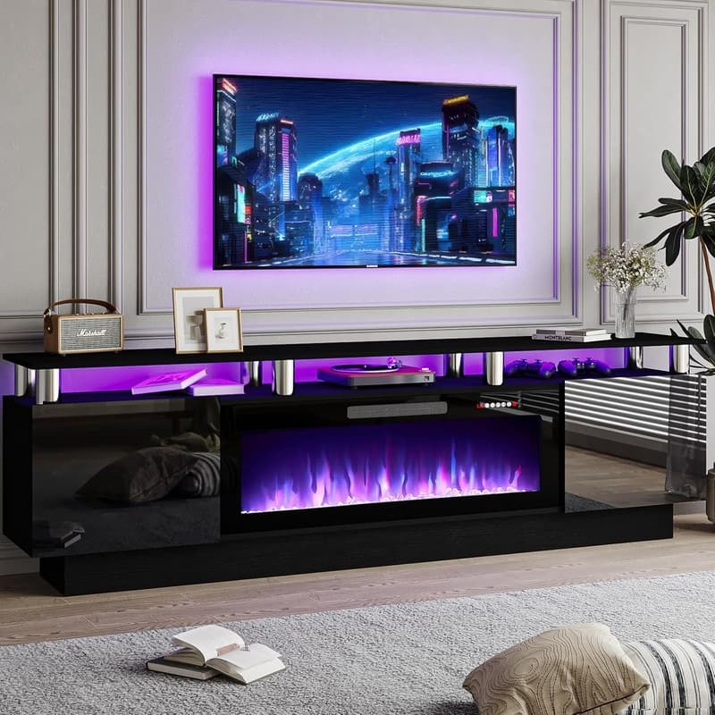 BOSSIN 70" Modern Electric Fireplace TV Stand, with Electronic Flame and LED Lights, High Gloss Finish Entertainment Center