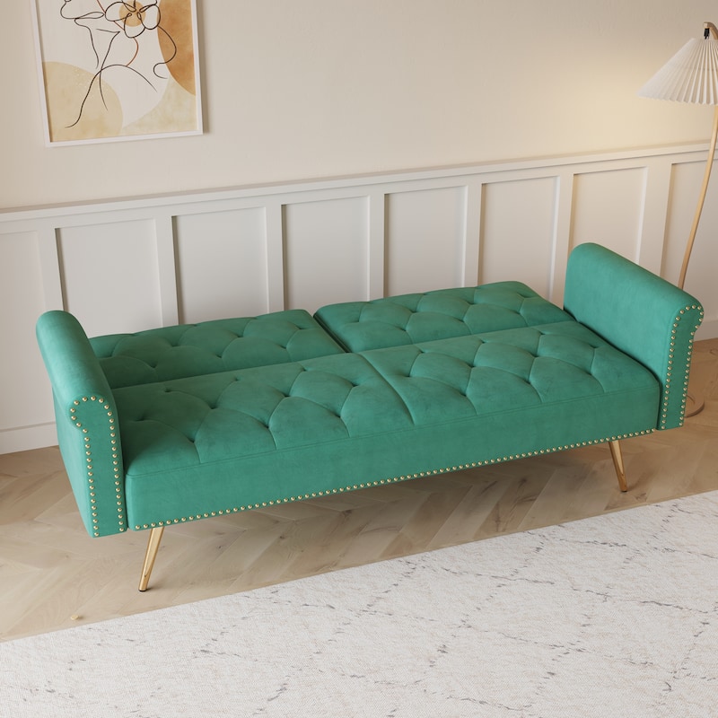 A 69.7-Inch-Long Sofa Bed Covered In Velvet Fabric, Featuring Nail Head Trim And Accompanied By A Matching Throw Pillow