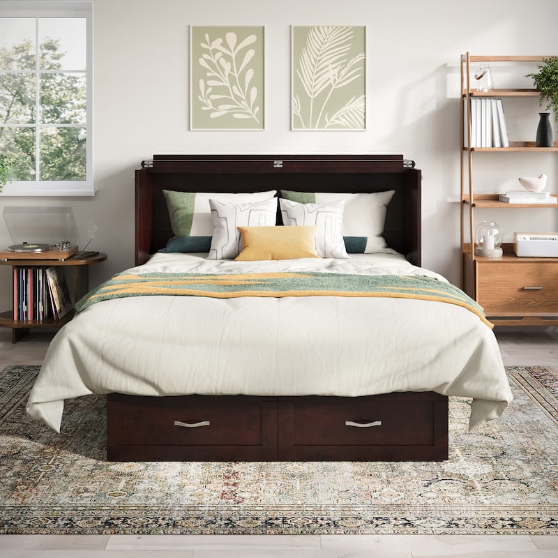 Chelsea Queen Murphy Bed Chest with 6" Mattress, Storage Drawer & Built-In Charger in Espresso