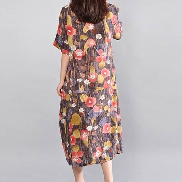 Shop 2017 Vintage Chinese Ethnic Womens O Neck Short Sleeve Printing Lady Casual Dresses Cotton Linen Loose Mid Long Dress 3 Colors Overstock 27108211