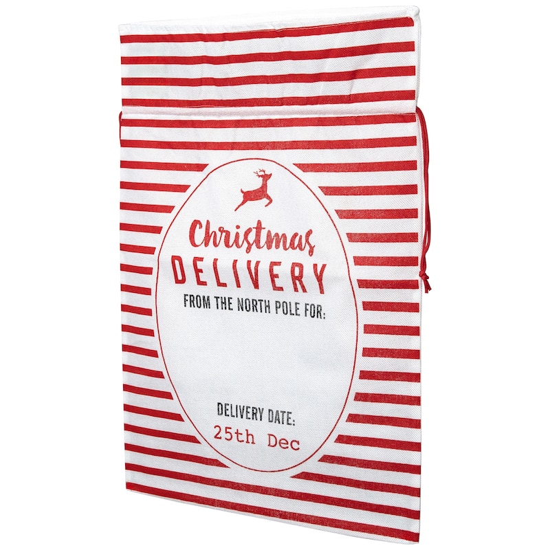 27" Beige and Red Striped "Christmas Delivery" Tie Gift Bag