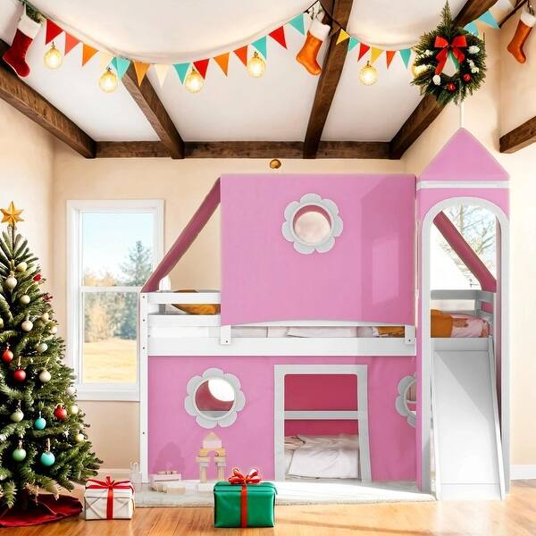 slide 2 of 14, Impression & Beautiful Playhouse Unique Design Full Size Loft Bed with Slide Pink Tent and Tower Pink