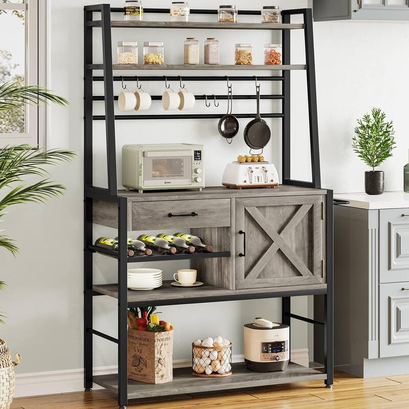 Baker's Rack Coffee Bar Cabinet Farmhouse Microwave Stand - Grey