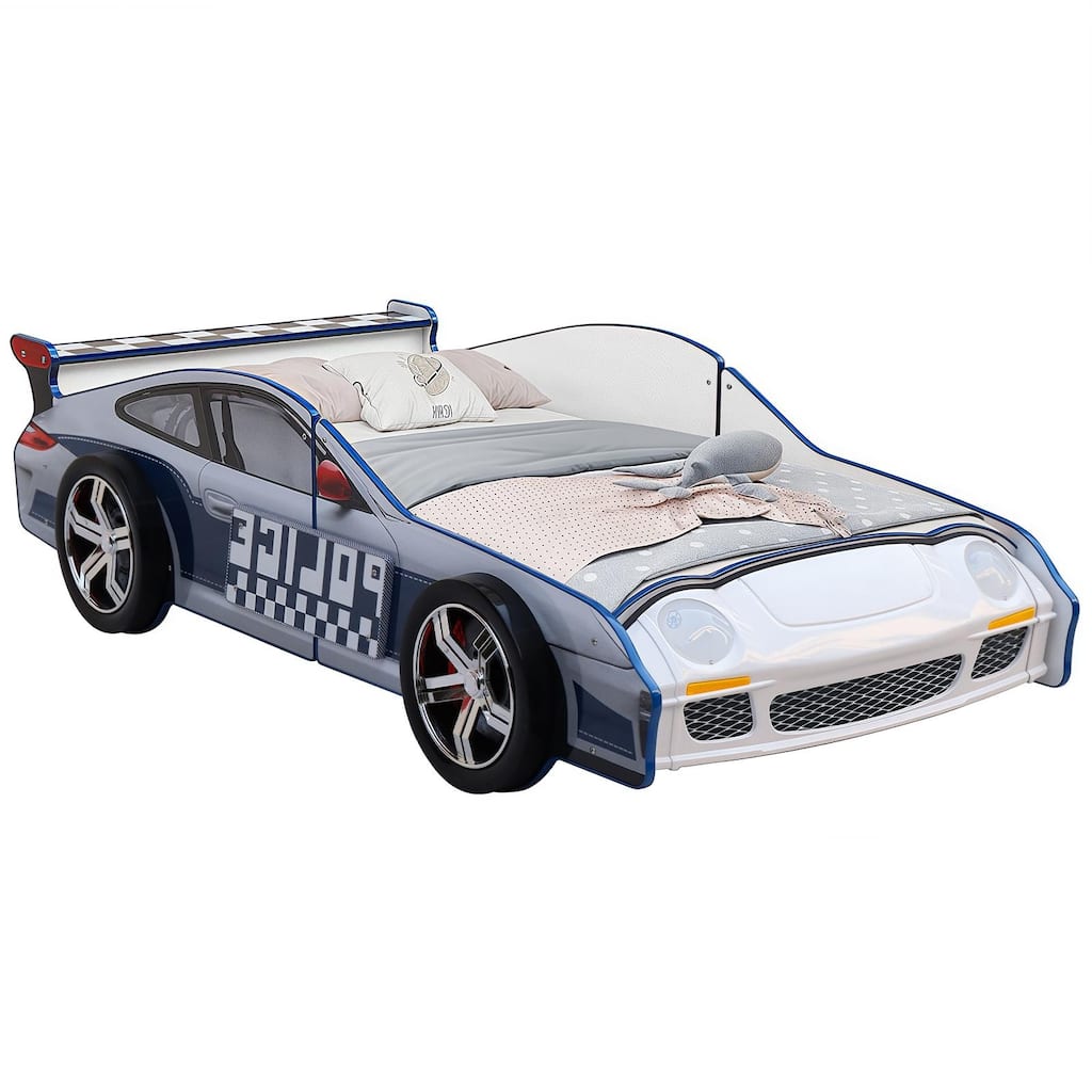 Kids Police Car Floor Bed with LED Light - Twin Size Role Play Bed for Boys & Girls
