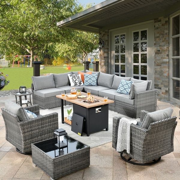 XIZZI 11 piece Outdoor Wicker Furniture Patio Swivel Chair Set with Firepit Table On Sale Bed Bath Beyond 39989980