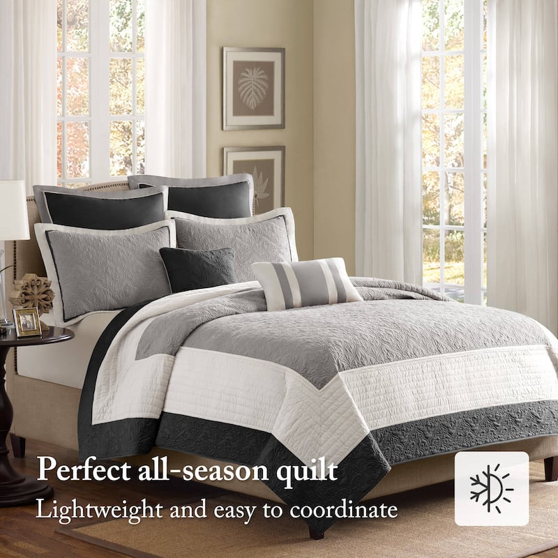 Madison Park Liverpool 7 Piece Quilt Set with Euro Shams and Throw Pillows