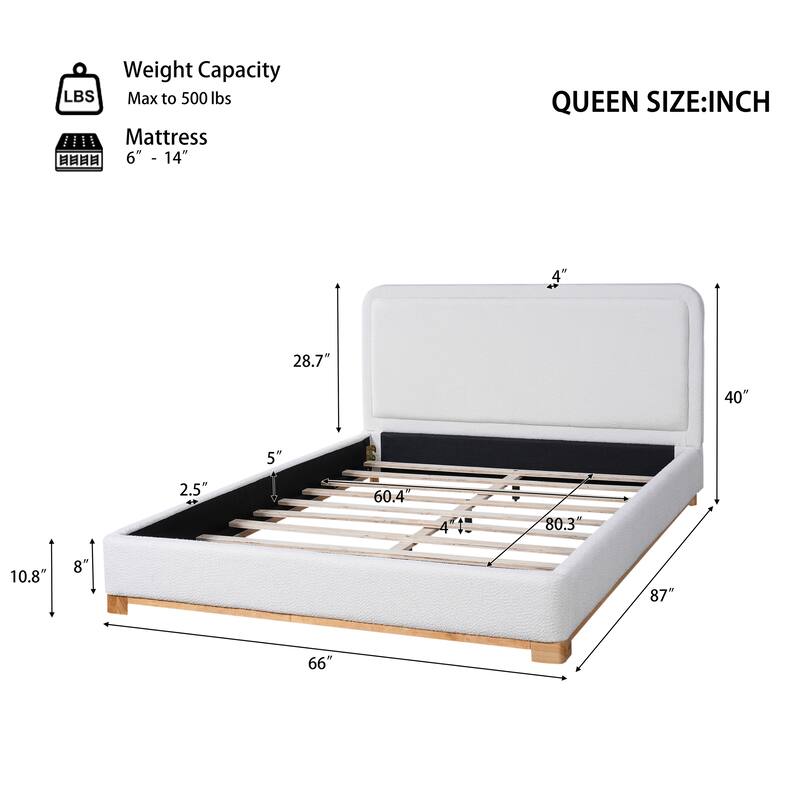 White Platform Bed Wingback Frame with Boucle Upholstered Curved Headboard, Solid Wood Base Low Profile Bed