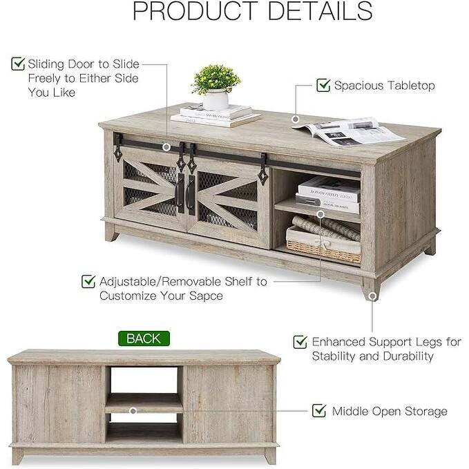 Farmhouse Coffee Table with Storage & Sliding Doors, Cocktail Table