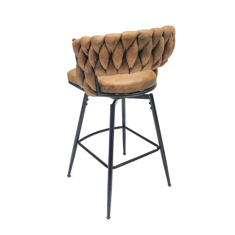 28" Technical Leather Woven Bar Stool Set of 2, Black legs Barstools, No Adjustable Kitchen Island Chairs