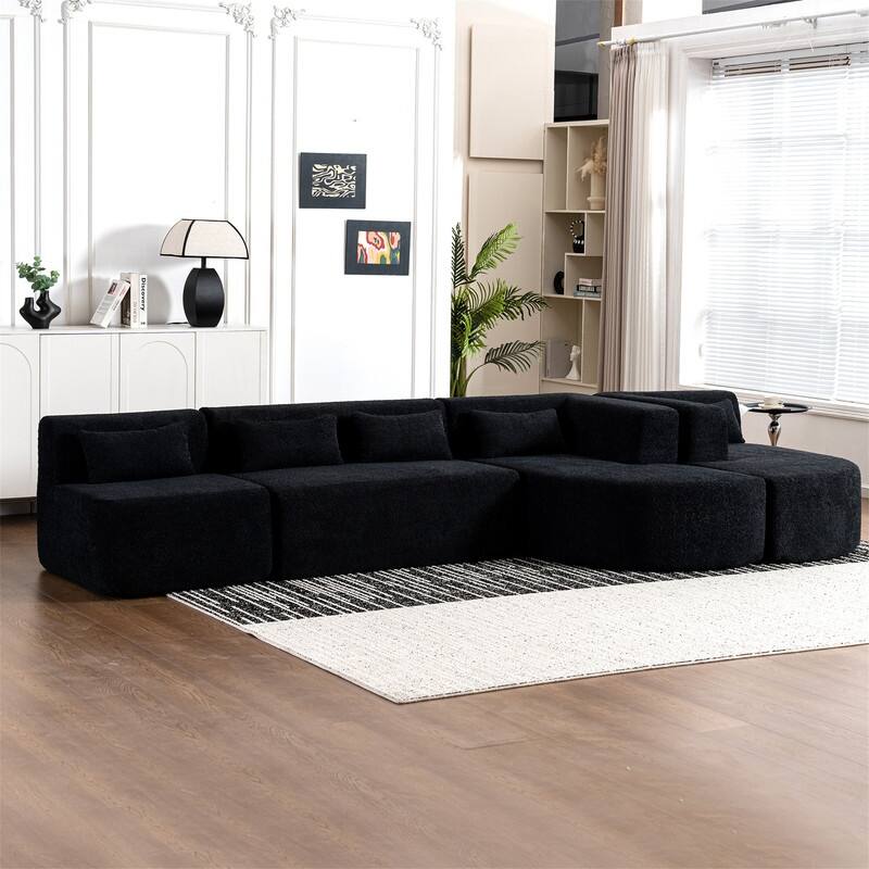 Convertible Sectional Sofa with 2 Curved Chaise Lounges, 143.7" Upholstered Sofa Free-combined Sofa Couch with 5 Back Pillows