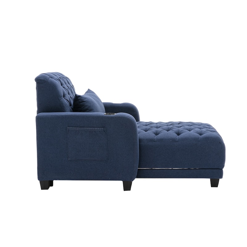 Linen Upholstered Multifunctional Tufted Wireless Charging Leisure Sleeper Armchair with 2 Cup Holders