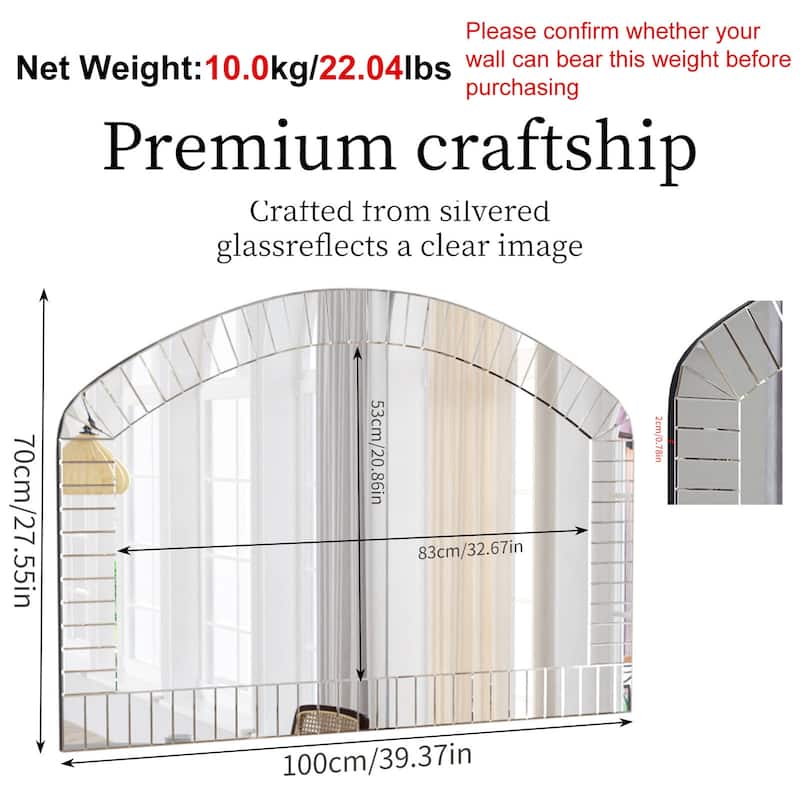 Frameless Beveled Arched Mirror Art Decorative - 40" W x 28" H
