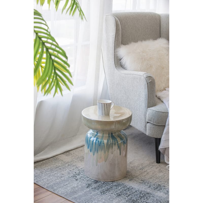 Coastal Style Ceramic Garden Stool - 18" - Green and Taupe Brown