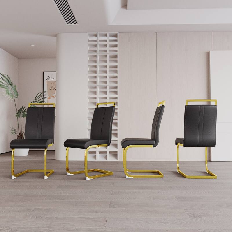 Leather Reception Chair Black Gold Dining Chair with High Backrest, Side Chair Office Chair Lounge Chair with Metal Legs