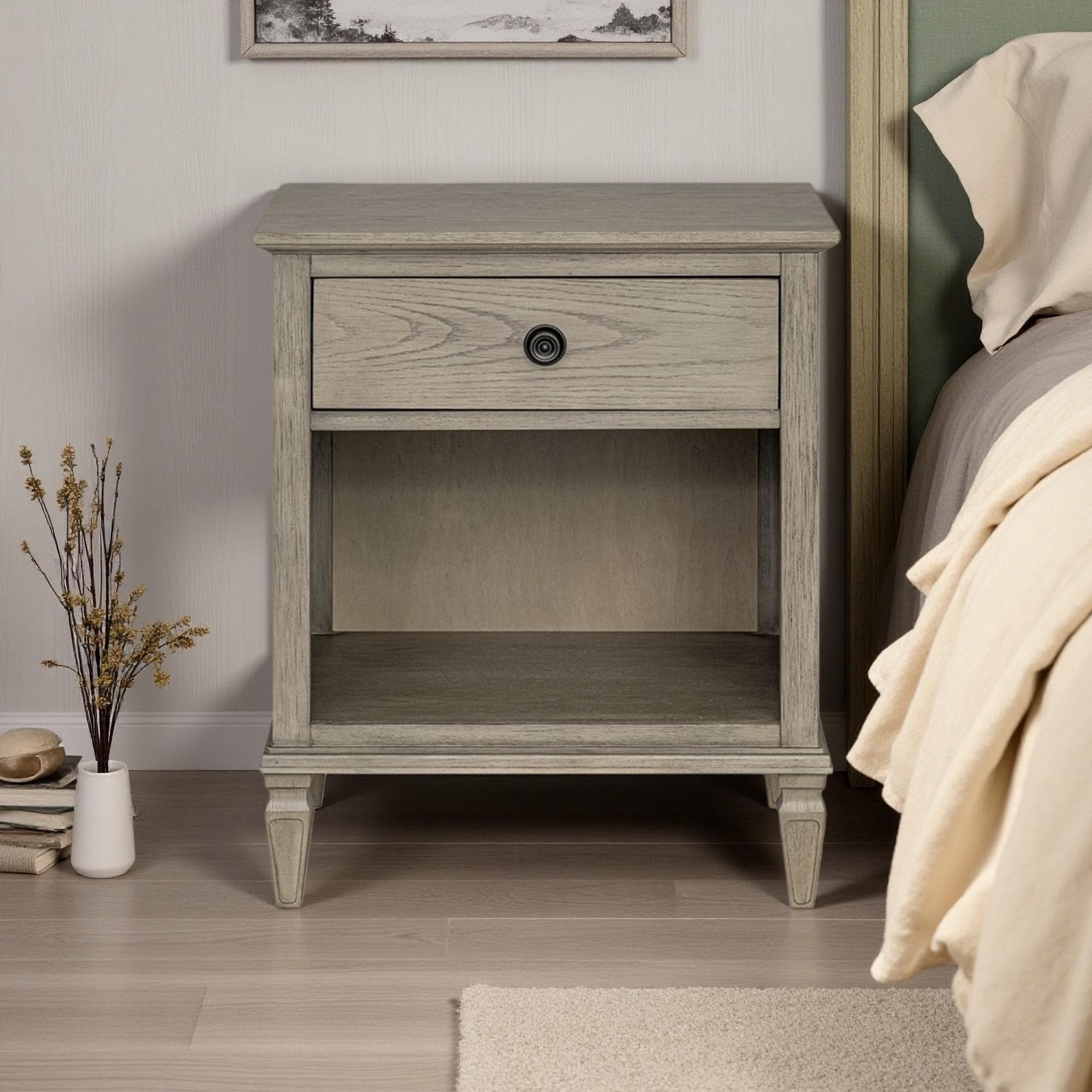 24"L French-Inspired Nightstand with Open Shelf, 1 Drawer, Full Extension Glide, and Oak Finish