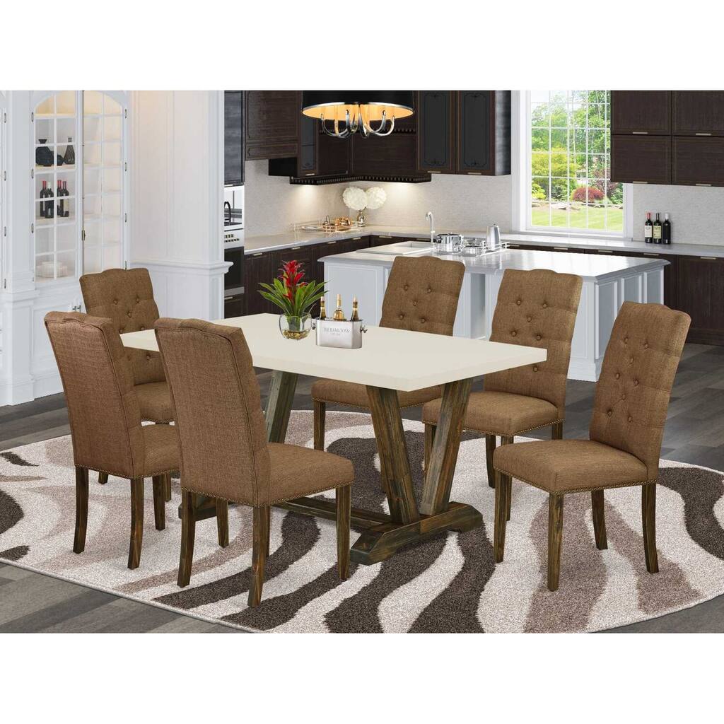 HomeStock 7-Pc Rectangle Natural Oak Finish Solid Wood Top Dining Table with 6-Chairs