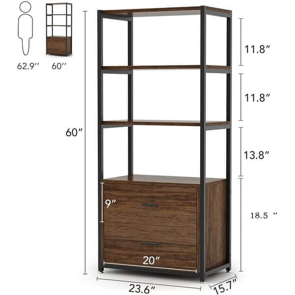 dimension image slide 1 of 4, 4-Tier Rustic Bookcases with 2 Drawers, Etagere Standard Book Shelves Display Shelf for Home Office