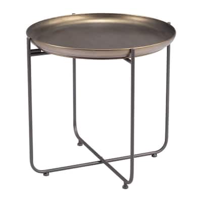 Compact 21-inch Round Steel End Table with Stylish Bronze Top and Grey Cross Frame Base - 21.3”H x 23”W x 23”L