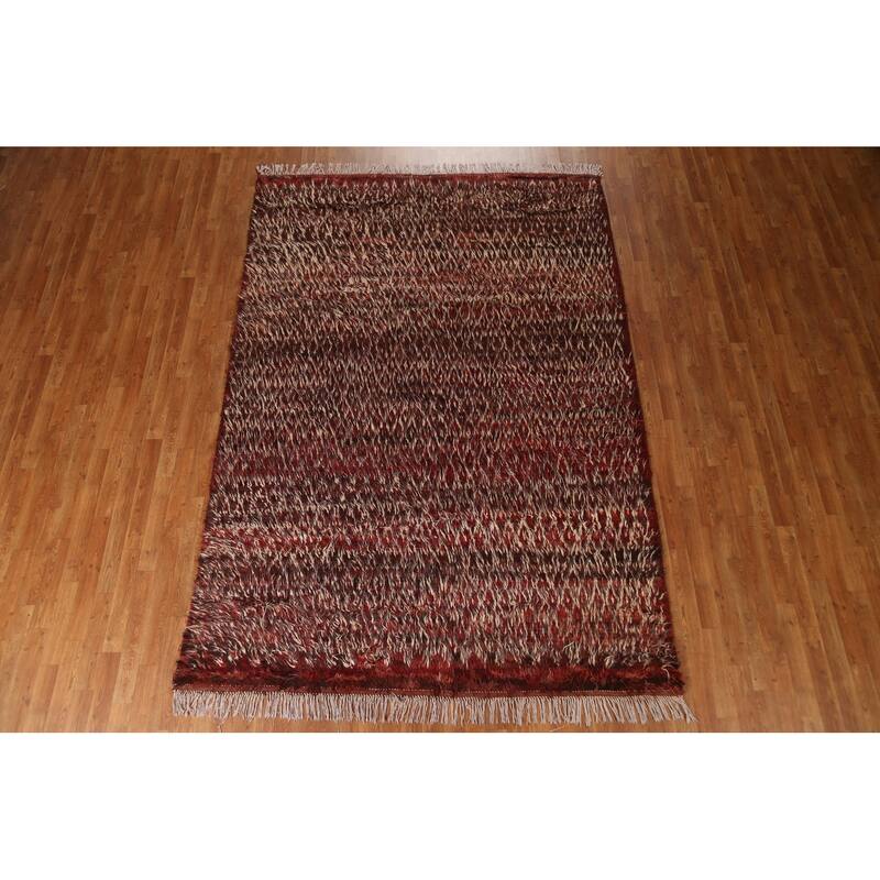 Hand Knotted Oriental 100% Wool Carpet Modern Geometric Red Moroccan Area Rug - 9' 8'' X 6' 8''