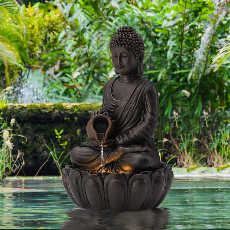 Glitzhome Polyresin Meditating Buddha Frog/Elephant Statue Outdoor Water Fountain with LED Lights - Brown - 20.5"H Buddha