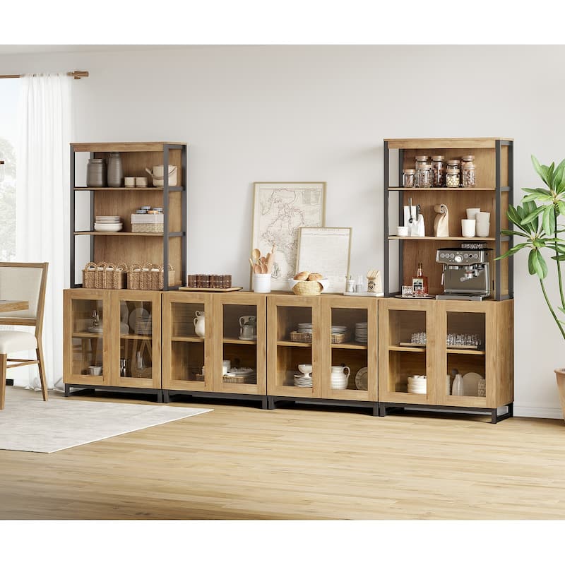 Modern Farmhouse Buffet Cabinet with 3 Tiers and 4 Cabinets, Wooden Sideboard for Dining Room or Kitchen