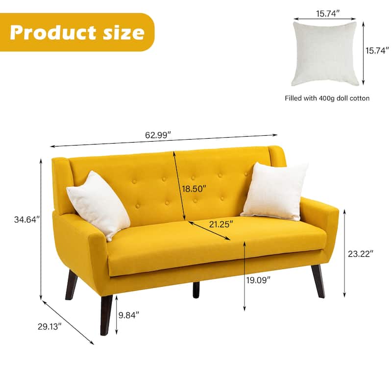 Modern 63-Inch Linen Tufted Loveseat Sofa with Pillows