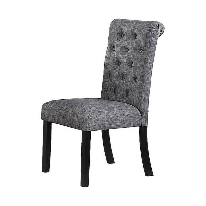 Jie 25 Inch Dining Chair, Tufted Gray Upholstery, Rolled Top, Black Wood