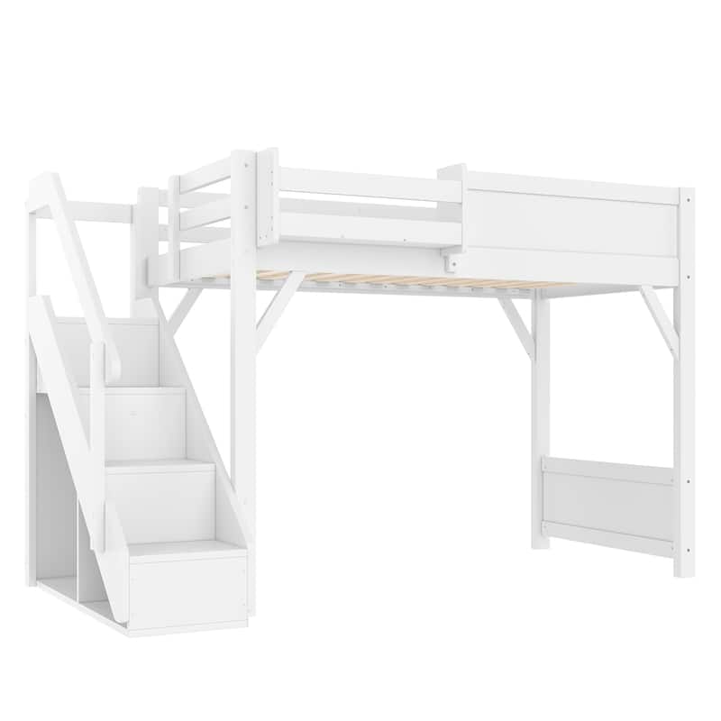 Full/Twin Loft Bed with Built-in Wardrobe, Storage & Stairs - Solid Wood, Full-Length Guardrails, No Box Spring