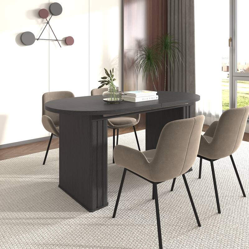 Kitchen extendable dining table for 4-8 people, oval kitchen table with wooden strip base for family living room (black)
