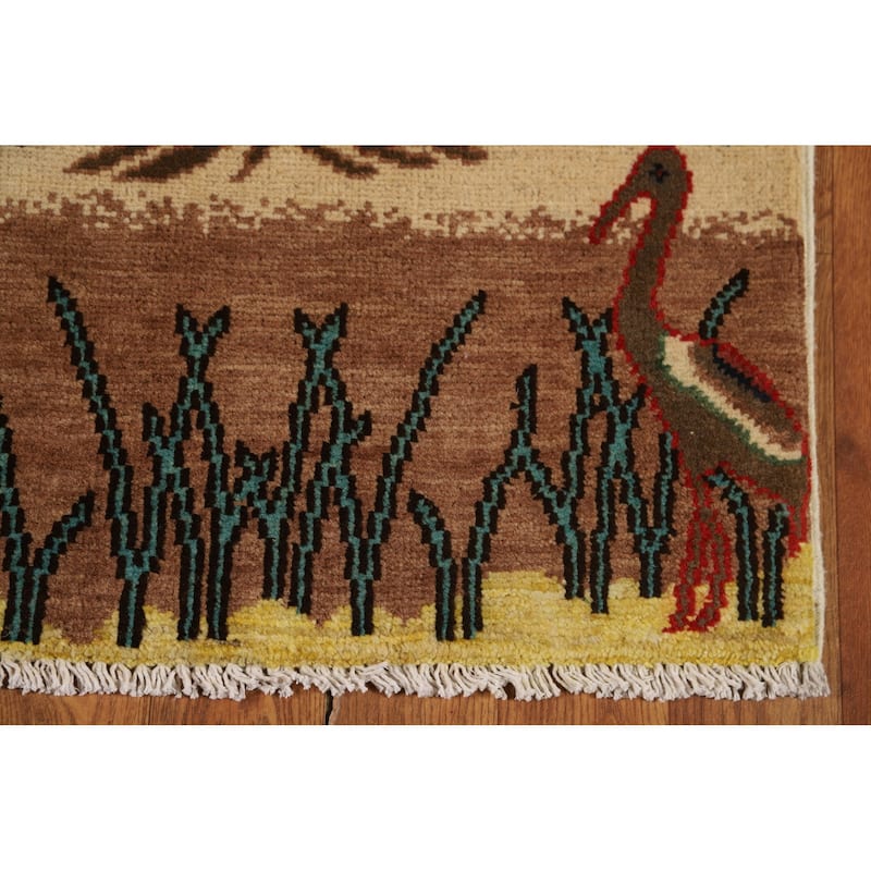 Animals Pictorial Kazak Oriental Foyer Rug Handmade Beige Wool Carpet - 2'0" x 3'0"