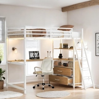 Stylish Twin Size Metal & Wood Loft Bed with Desk and Shelves, Two Built-in Drawers, LED Light and USB Charging Station