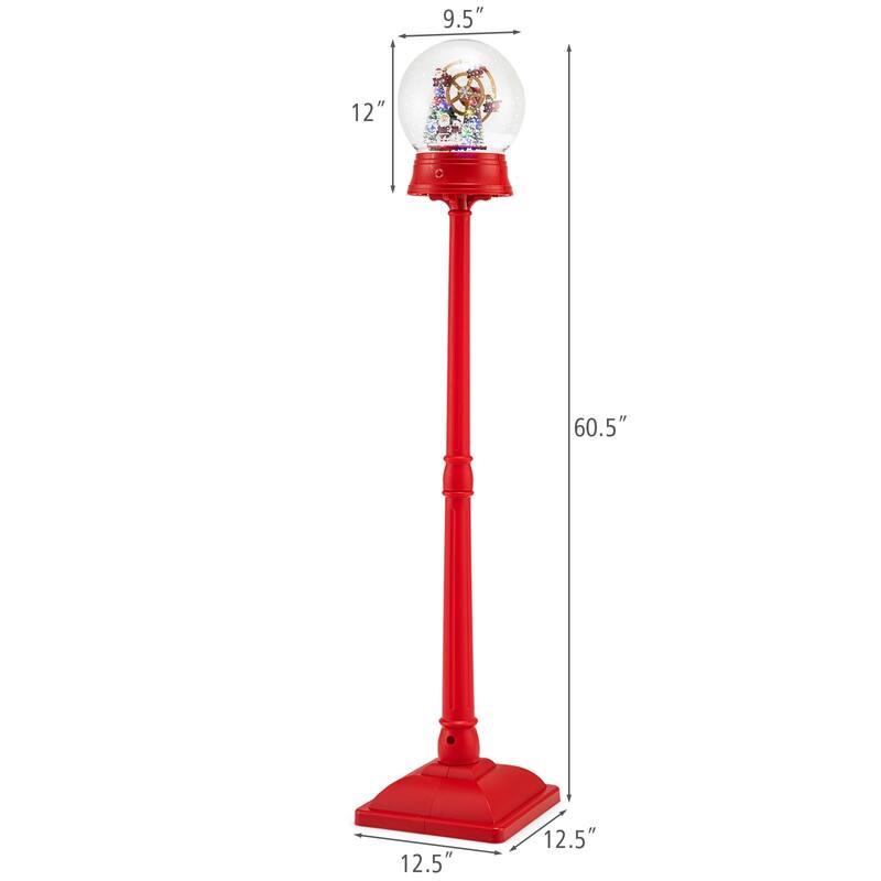 5 Feet Red Festive Street Lamp with Rotating Ferris Wheel and Snow Globe Lantern and Holiday Music - 12.5" x 12.5" x 60.5"