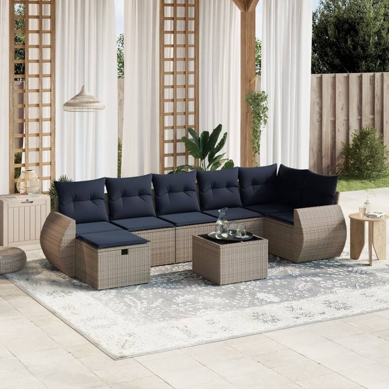vidaXL Patio Sofa Set with Cushions Outdoor Conversation Furniture Poly Rattan - 24.4" x 24.4" x 27.2" - Gray with table