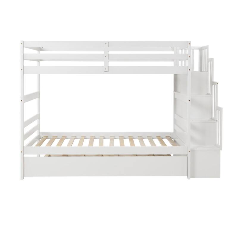 Twin over Twin Wooden Bunk Beds With Twin Trundle and Stairway Storage Function