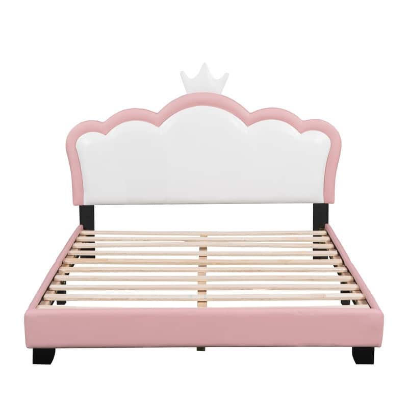 Twin/Full Size Upholstered Princess Bed with Crown Headboard, Cute Platform Bed Frame with Headboard and Footboard for Kids