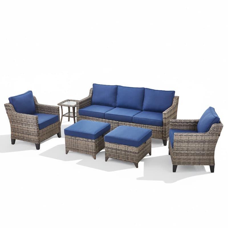 Glissia 6-Piece Gray Wicker Patio Seating Set with Cushions and Ottomans