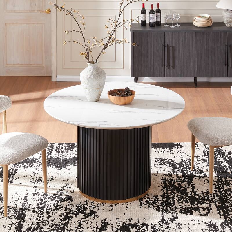Modern Round Dining Table with Black Metal Base and Golden Trim
