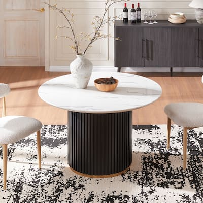 Modern Round Dining Table with Black Metal Base and Golden Trim