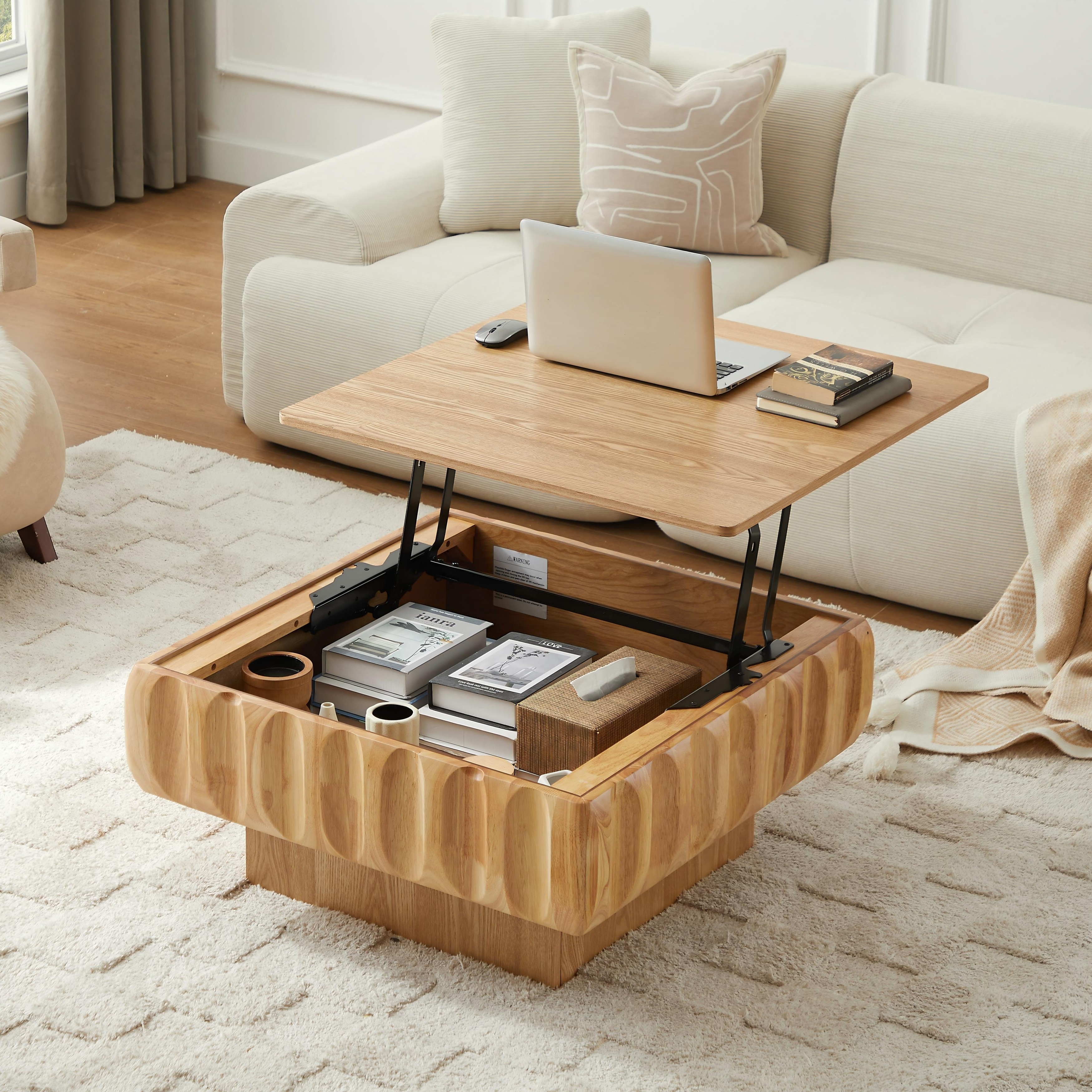 Square Lift-Top Coffee Table with Solid Wood Frame and Hidden