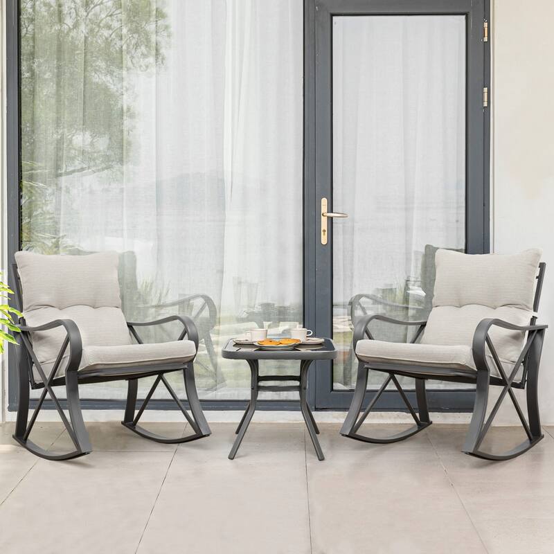 COSIEST 3-piece Outdoor Rocking Chair Chat Set with Side Table - Beige