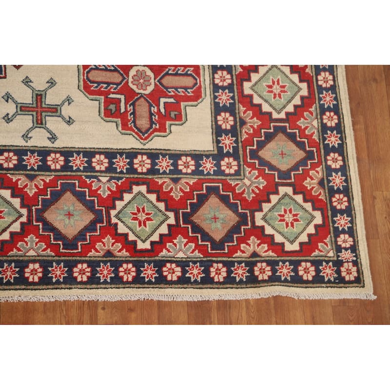 Ivory Geometric Kazak Oriental Area Rug Handmade Wool Carpet - 8'4"x 11'7"