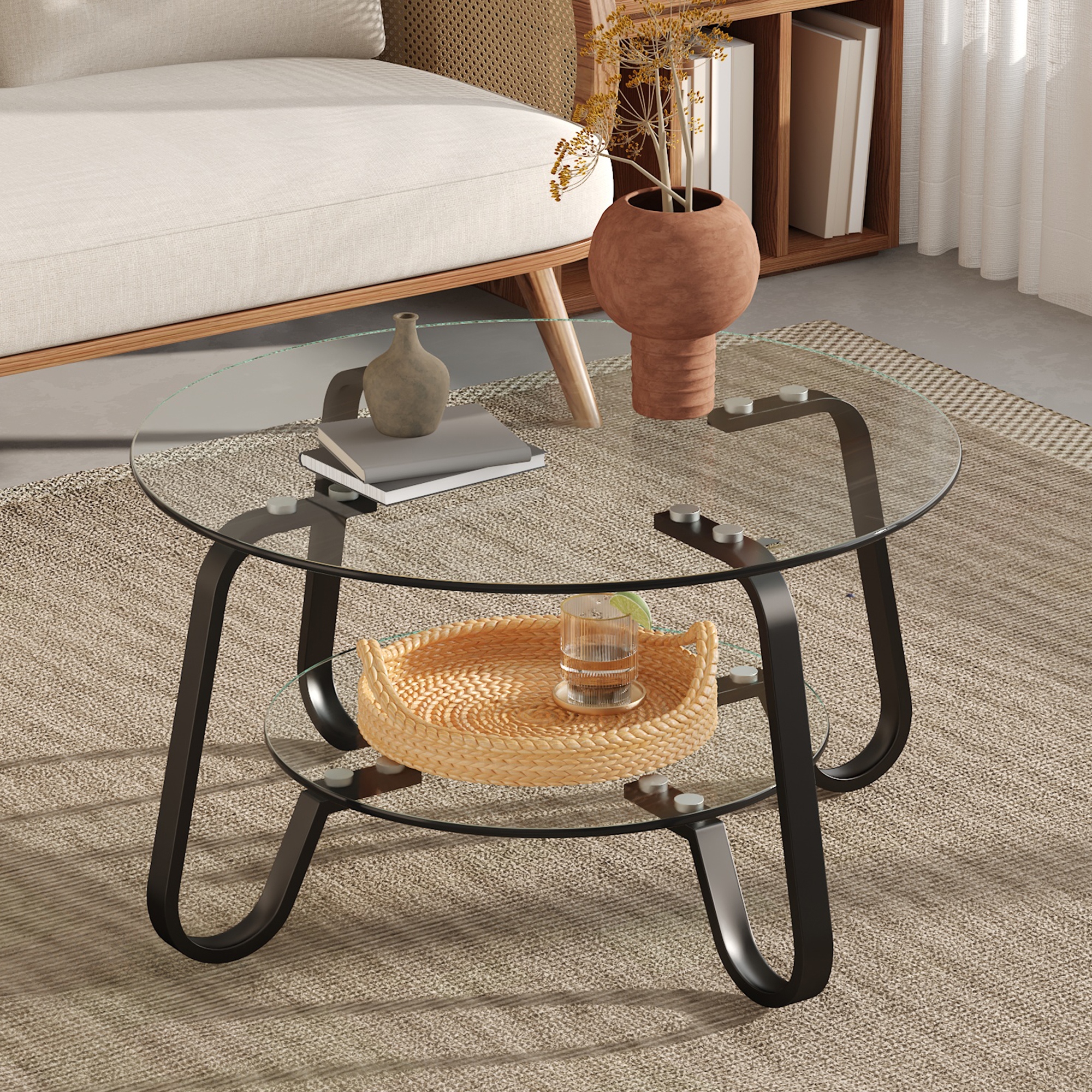 Retro Minimalist Metal Frame Glass Coffee Table, 31.5