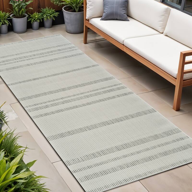 Jasi Stripe Weather Resistant Sleek Contemporary Runner Outdoor Rug - 8' Runner - Beige/Cream
