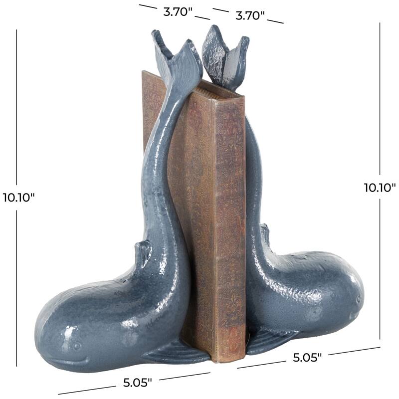 Blue Metal Dolphin Decorative Bookends with Raised Tails (Set of 2) - 4"W x 5"L x 10"H