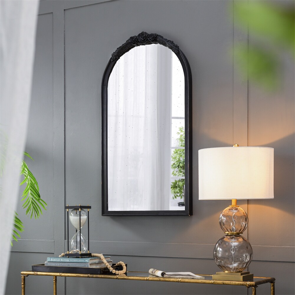 Antique-Style Hand-Carved Rose Arch Mirror, Black, 48.6