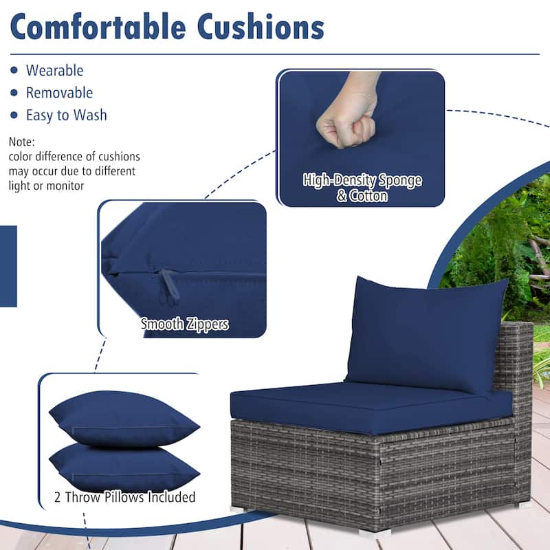 Patio Rattan Furniture Set Sectional Sofa Garden Cushion - 7 Pieces - Armless Sofa: 29" x 25.5" x 24"