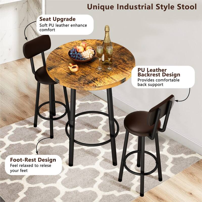 3 Piece Pub Dining Set, Kitchen Counter Height Bistro Set, Round Bar Table and 2 Stools for Living Room and Small Space