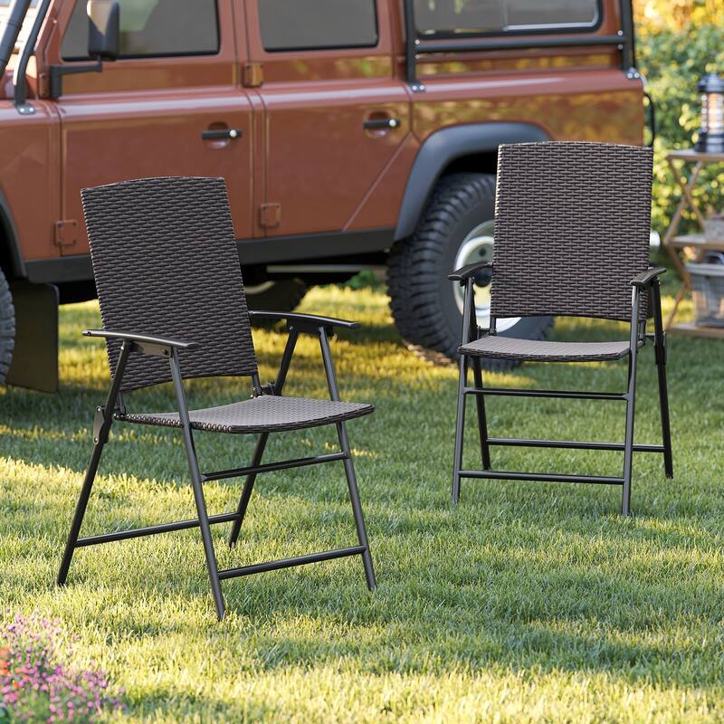 Patio PE Wicker Dining Chairs with Armrests and Metal Frame-Set of 2 - Set-of-2