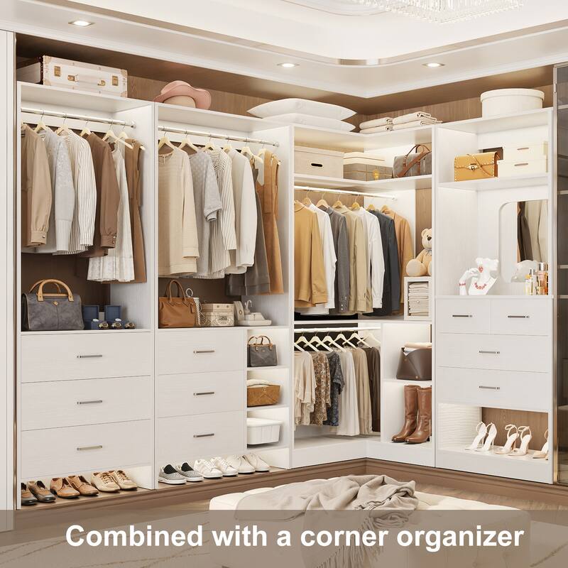 Cimly Set of 3 Closet Organizers with Drawers and Mirror, Freestanding Closet System with Hanging Rods