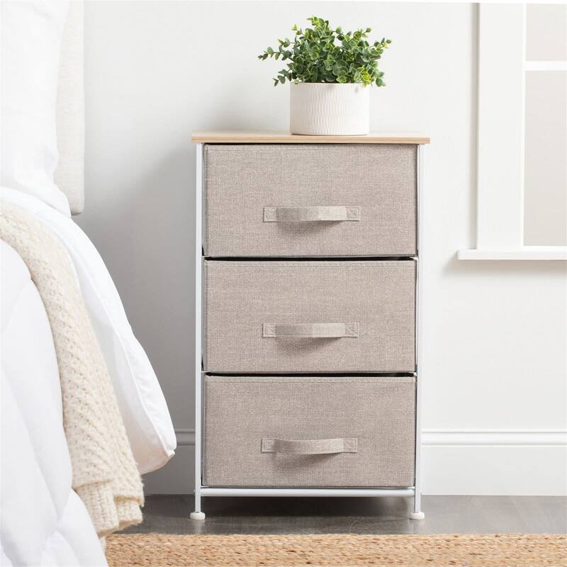 Steel Top and Frame Storage Dresser Tower Unit with 3 Removable Fabric Drawers